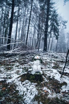 Snowman on a tree stump with a carrot for a nose, buttons, a branch for arms and pine needles for hair. In the snow-covered forest.