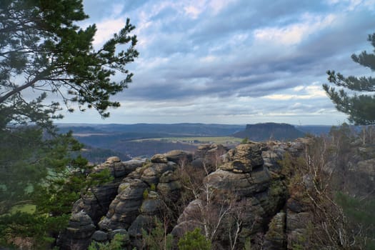 View from the Pfaffenstein. Forests, mountains, vastness, panorama. Landscape from the Elbe Sandstone Mountains.