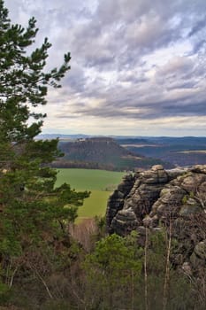 View from the Pfaffenstein. Forests, mountains, vastness, panorama. Landscape from the Elbe Sandstone Mountains.
