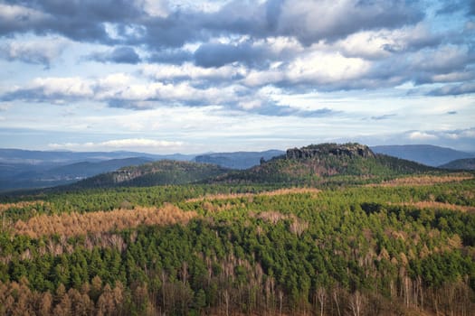 View from the Pfaffenstein. Forests, mountains, vastness, panorama. Landscape from the Elbe Sandstone Mountains.
