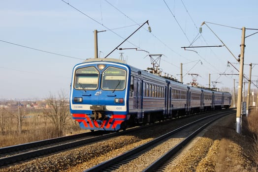 Novosibirsk, Russia - July 20, 2018: locomotive or engine is a rail transport vehicle that provides the motive power for a train.