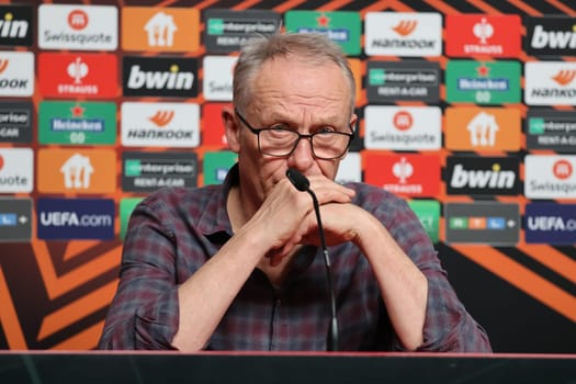Coach Christian Streich (SC Freiburg at the press conference,PK before Soccer Europa League - Qualification 1/8 Final,SC Freiburg vs RC Lens