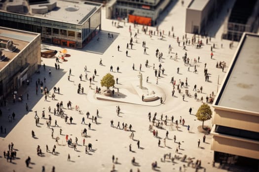 Aerial view of crowded downtown in the city. Drone view of financial and commercial district. High glass buildings with offices and stores. Modern architecture. People walking on the city square