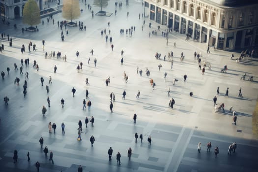 Aerial view of crowded downtown in the city. Drone view of financial and commercial district. High glass buildings with offices and stores. Modern architecture. People walking on the city square