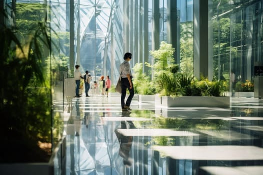 Corporate luxury modern interior. Business open space. Hotel lobby. Business people walking in modern glass company office building. High glass walls. Green interior with many plants. Contemporary building