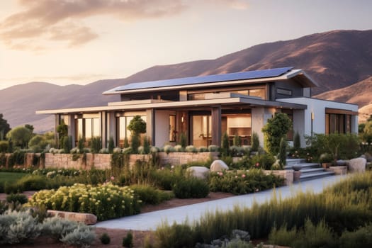 Luxury hotel. Contemporary modern house in mountains. Exterior of real estate. Holiday villa with garden. Business resort. Hotel lounge. Summer vacation destination