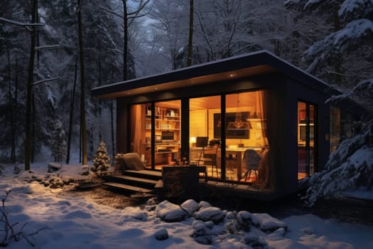 Self-sustainable intelligent house. Autonomous cabin. Futuristic architecture. Nomadic lifestyle. Solar powered building. Modern vacation. Energy efficient house. Remote work. Slow living. Man working remotely. Slow living