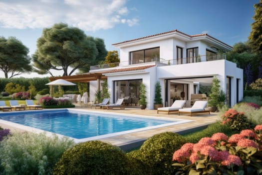 Luxury hotel. Contemporary modern house. Exterior of real estate. Holiday villa with swimming pool. Business resort. Hotel lounge. Residence. Mansion. Exclusive house. Travel summer vacation destination