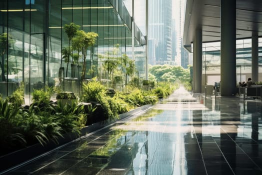 Corporate luxury modern interior. Business open space. Hotel lobby. Business modern glass company office building. High glass walls. Green interior with many plants. Contemporary building