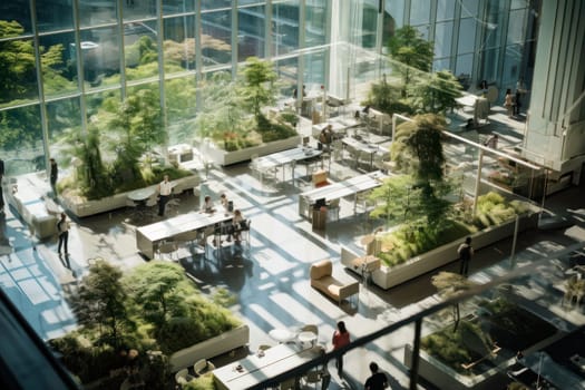 Corporate luxury modern interior. Business open space. Hotel lobby. Business people walking in modern glass company office building. High glass walls. Green interior with many plants. Contemporary building