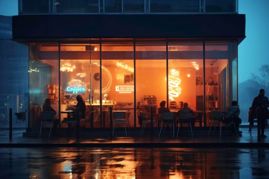 People sitting in coffee shop at night on rainy evening. Exterior of restaurant with large front store windows. Cafe illuminated inside by neon lights. Popular place. Open cafe. Small business. Coffee house at night