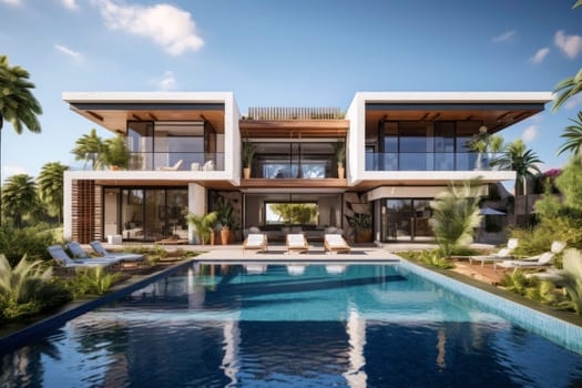 Luxury hotel. Contemporary modern house. Exterior of real estate. Holiday villa with swimming pool. Business resort. Hotel lounge. Glass house. Travel during summer vacation