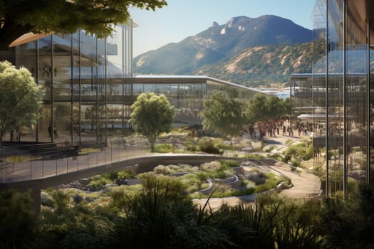 Modern university buildings. Futuristic school. Modern academy. College campus. Glass buildings. Eco-friendly university with green park. Business center. Sustainable study and work commute. Exterior of real estate