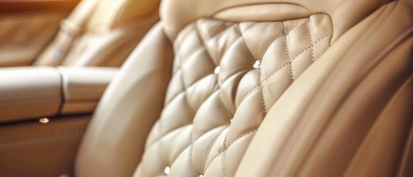 The quilted leather seat of a luxury car oozes elegance, with a focus on the fine stitching and soft texture that are hallmarks of high-end automotive design and comfort