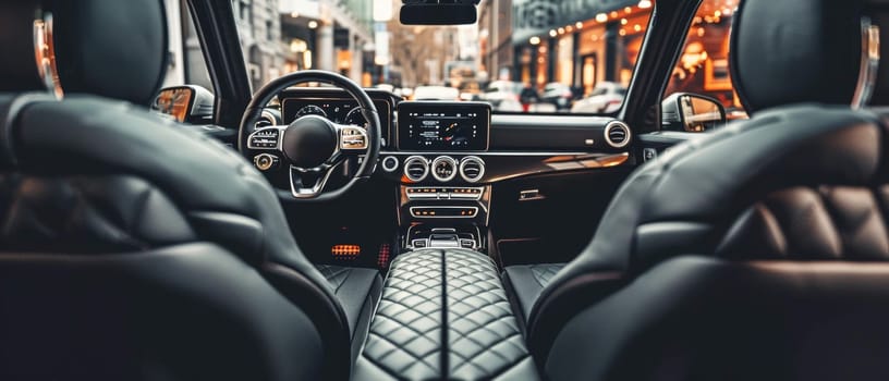 The view from the driver's seat shows a plush beige leather interior, marrying comfort with state-of-the-art technology, epitomizing the luxury car experience