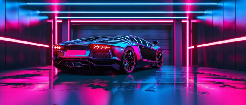 A high-performance car sits poised in a neon-lit garage, its reflective surfaces mirroring the vivid colors of its surroundings. It's a scene that captures fusion of raw power and futuristic design
