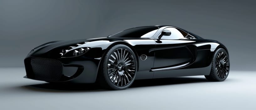 A sleek roadster in a monochrome studio, its polished black body reflecting the soft light, exuding elegance and modern design. The car's classic roadster shape hints at both speed and luxury