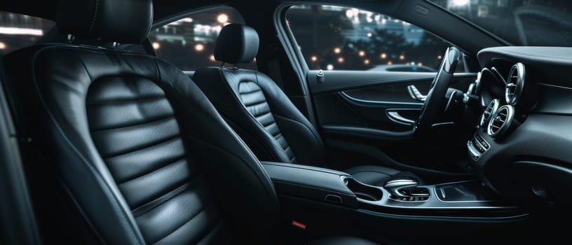 This wide-angle shot captures the expansive cockpit of a luxury car, highlighting the harmonious blend of technology and design in the black leather interior. The attention to detail