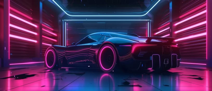 In a cyberpunk-inspired environment, a futuristic concept car with striking neon outlines demands attention. Its powerful stance and vibrant design signal a new horizon in automotive aesthetics