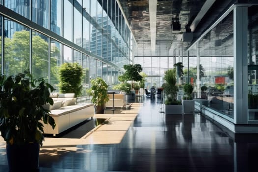 Corporate luxury modern interior. Business open space. Hotel lobby. Business modern glass company office building. High glass walls. Green interior with many plants. Contemporary building