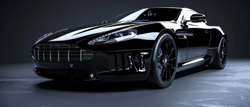 A glossy black coupe exudes class and power, showcased against dark minimalist backdrop that emphasizes its sleek and sophisticated design. The car's muscular stance suggests performance and agility