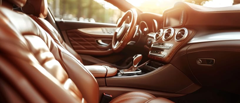A luxurious car interior bathed in the golden glow of sunset. The rich brown leather and intricate seat design evoke a sense of warmth and refinement
