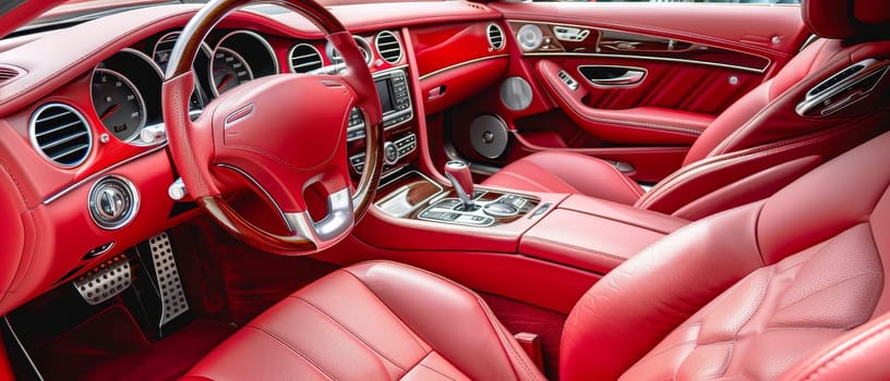A vivid red luxury car interior pops with color, its seats and steering wheel crafted for the ultimate expression of style and comfort