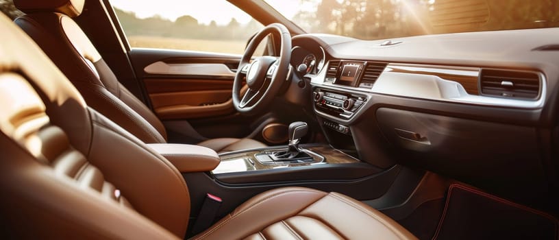The setting sun casts a warm light over the car's brown leather interior. The seamless design emphasizes comfort and a serene driving experience