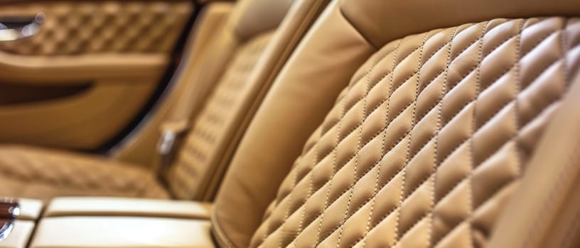 A high-end car interior boasts luxe features, like the quilted leather upholstery and elegant wood accents, creating a space that is both aesthetically pleasing and supremely comfortable