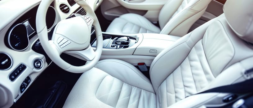 Elegant vehicle interior featuring a luxurious white leather steering wheel and dashboard. The high-quality materials and sophisticated design reflect a premium driving experience