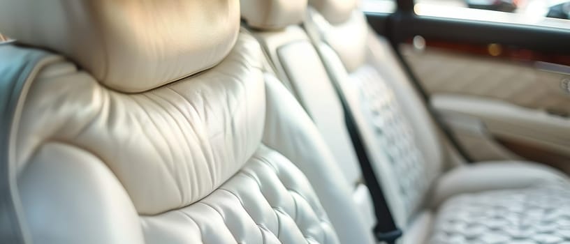 The image highlights the sumptuous texture and plush feel of a cream leather car seat, with a focus on the comfort and luxury it provides. The warm sunlight enhances the rich material's allure