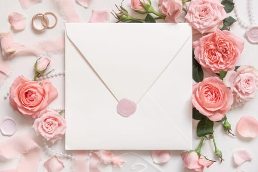 Blank sealed envelope near light pink roses, petals and silk ribbons on white table top view, wedding mockup. Romantic scene with square envelope and pastel decor