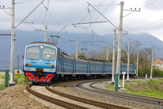 Novosibirsk, Russia - July 20, 2018: locomotive or engine is a rail transport vehicle that provides the motive power for a train.