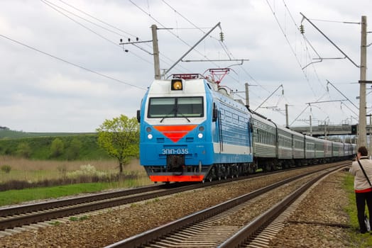 Novosibirsk, Russia - July 20, 2018: locomotive or engine is a rail transport vehicle that provides the motive power for a train.