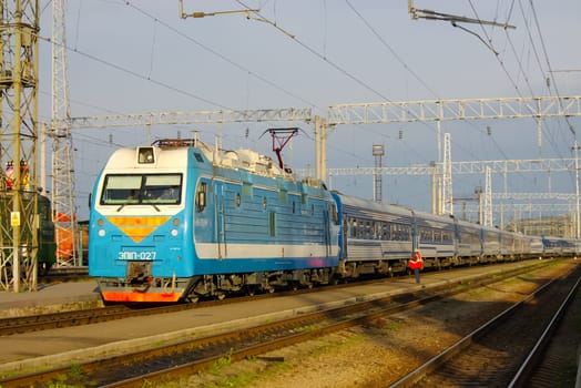 Novosibirsk, Russia - July 20, 2018: locomotive or engine is a rail transport vehicle that provides the motive power for a train.