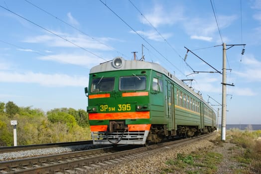 Novosibirsk, Russia - July 20, 2018: locomotive or engine is a rail transport vehicle that provides the motive power for a train.