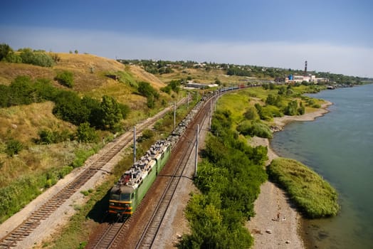 Novosibirsk, Russia - July 20, 2018: locomotive or engine is a rail transport vehicle that provides the motive power for a train.