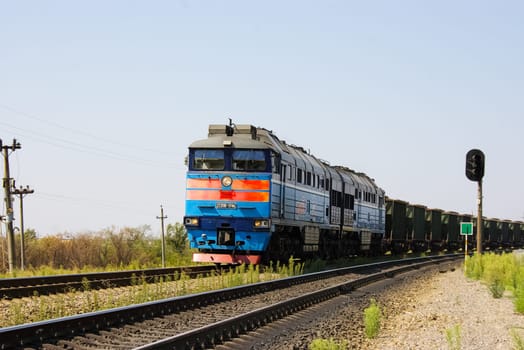 Novosibirsk, Russia - July 20, 2018: locomotive or engine is a rail transport vehicle that provides the motive power for a train.