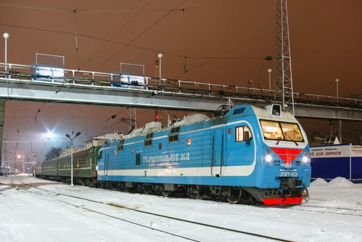 Novosibirsk, Russia - January 24, 2018: locomotive or engine is a rail transport vehicle that provides the motive power for a train.