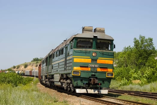 Novosibirsk, Russia - July 20, 2018: locomotive or engine is a rail transport vehicle that provides the motive power for a train.