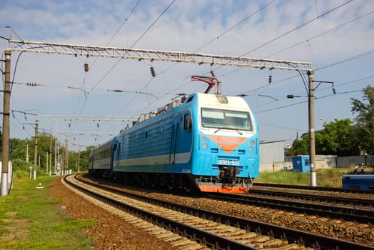 Novosibirsk, Russia - July 20, 2018: locomotive or engine is a rail transport vehicle that provides the motive power for a train.