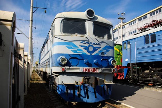 Novosibirsk, Russia - July 20, 2018: locomotive or engine is a rail transport vehicle that provides the motive power for a train.