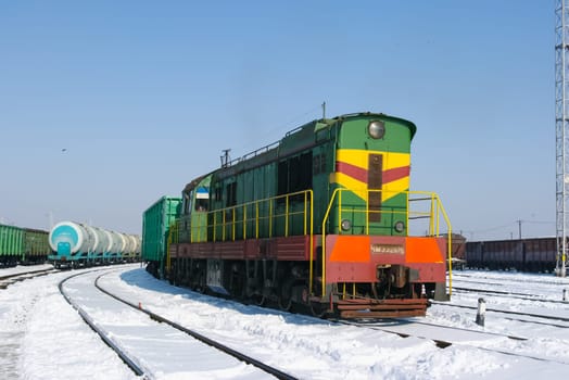 Novosibirsk, Russia - January 24, 2018: locomotive or engine is a rail transport vehicle that provides the motive power for a train.