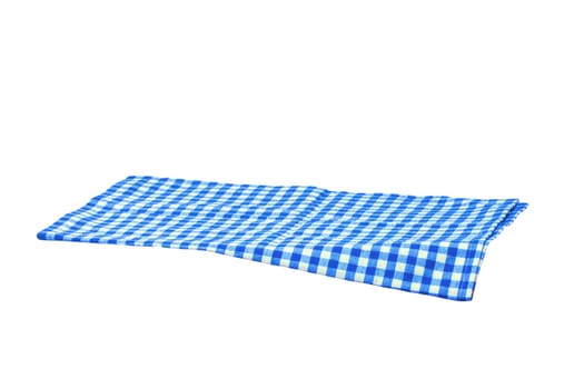 Closeup of a blue and white checkered napkin or tablecloth texture isolated on white background. Kitchen accessories.