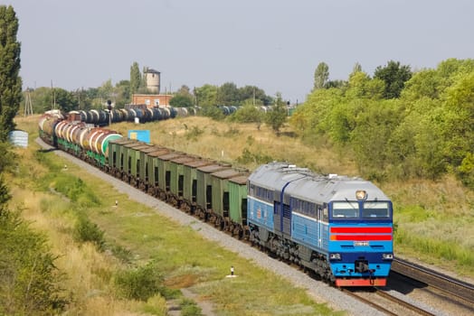 Novosibirsk, Russia - July 20, 2018: locomotive or engine is a rail transport vehicle that provides the motive power for a train.