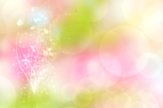 Greeting card template. Abstract festive green yellow pink Happy spring greeting card with branches,flowers and leaves. Mothers day, valentine, wedding or other holidays.