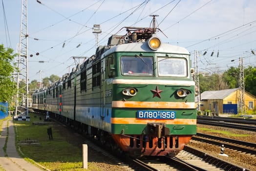 Novosibirsk, Russia - July 20, 2018: locomotive or engine is a rail transport vehicle that provides the motive power for a train.