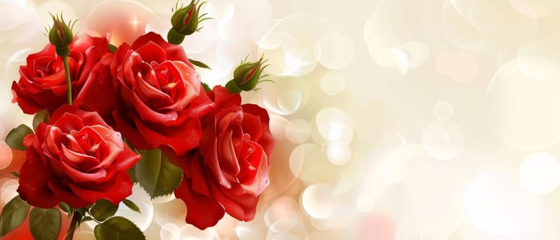 Vibrant red roses stand out against a soft bokeh background, giving a sense of luminosity and depth. The image captures the essence of romance and celebration