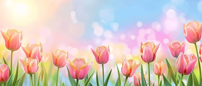 A serene scene of pastel-colored tulips against a soft bokeh light background, evoking a sense of calm and freshness