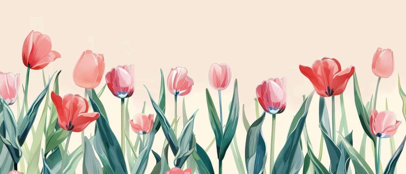 A panoramic view captures a vivid display of tulips, with contrasting pink and red hues against a minimalist background. The artwork highlights the simplistic beauty and vibrant colors of spring